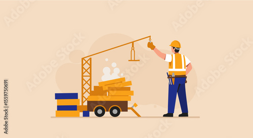 A construction worker in a yellow vest operates a crane to lift a load of wood onto a trailer at a construction site, signifying the building process.