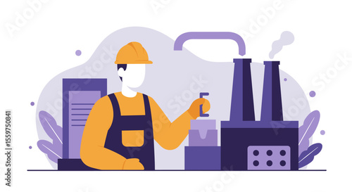 A male factory worker in a hard hat operates machinery in a modern industrial facility, overseeing production and quality control, contributing to the manufacturing process.