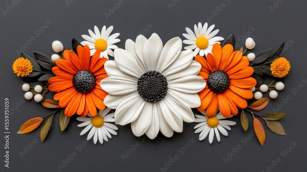 Fototapeta premium Autumnal Orange and White Paper Flower Arrangement on Dark Gray