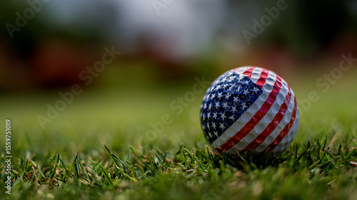 Golf ball displaying american flag design resting on lush green golf course grass
