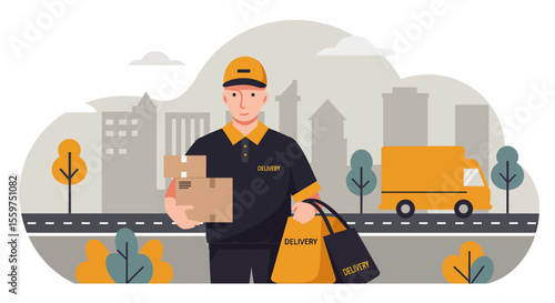 Friendly delivery man in uniform holding packages and shopping bags, standing on a city street with a delivery truck in the background, ready to deliver orders.
