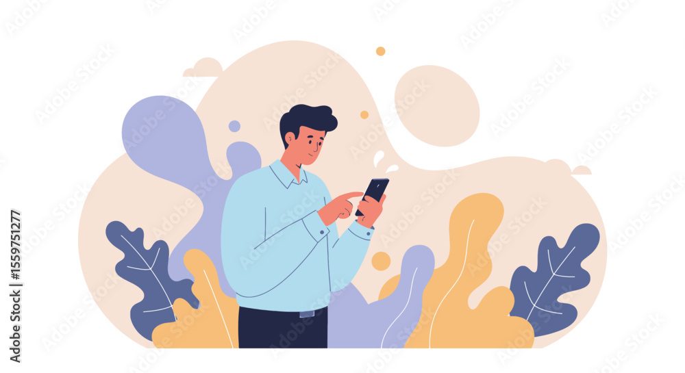 a man standing amidst stylized plants and clouds, engrossed in his smartphone. Suitable for landing page, banner, marketing, web design, presentation, infographic, etc. a man standing amidst stylized plants and clouds, engrossed in his smartphone. Suitable for landing page, banner, marketing, web design, presentation, infographic, etc.