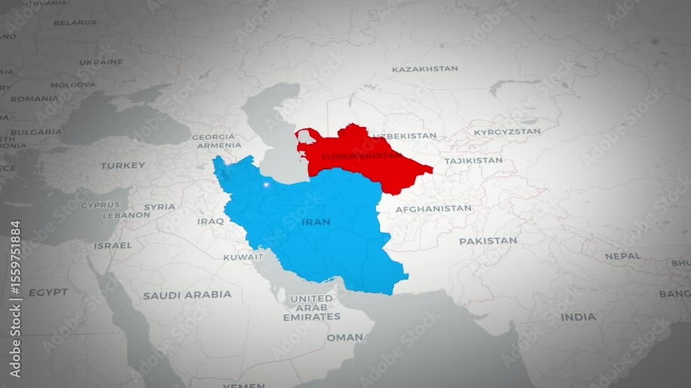 Animated Map of Iran and Turkmenistan Central Asia and Middle East ...