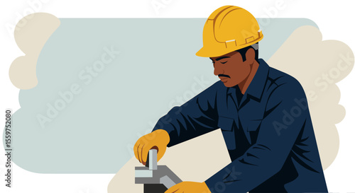 a man wearing a hard hat and blue work uniform, adjusting a piece of equipment with a focused expression. Suitable for landing page, banner, marketing, web design, presentation, infographic, etc.