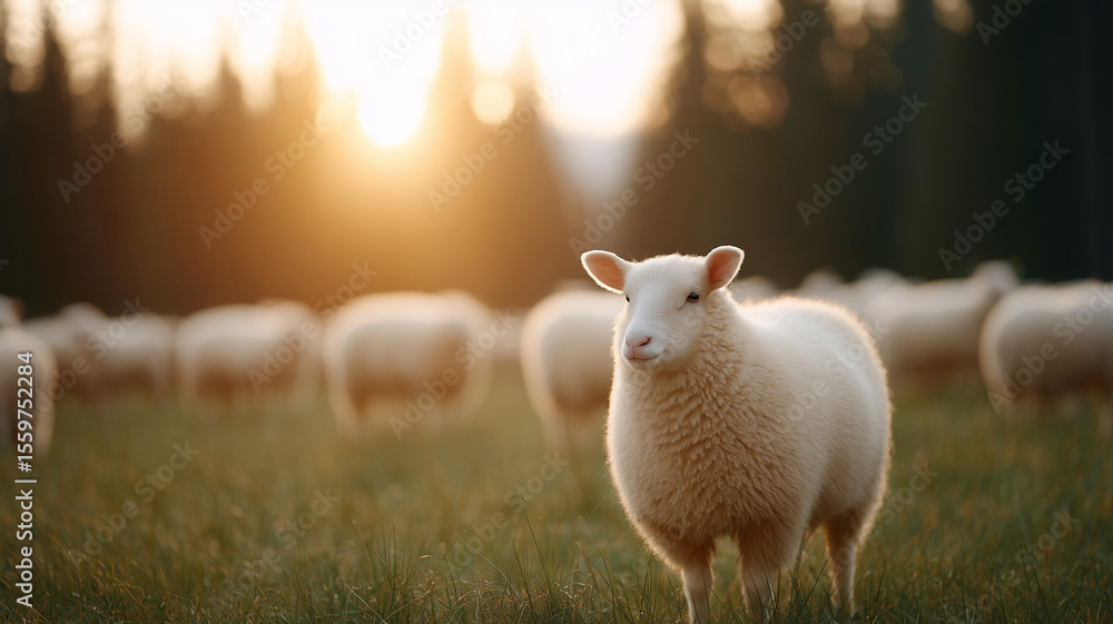 Obraz premium Sheep grazing on green grass field during golden hour with warm sunlight and forest background