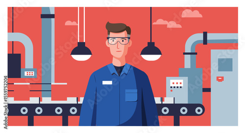 a man in a blue work uniform standing in front of a factory setting with various machinery and equipment. Suitable for landing page, banner, marketing, web design, presentation, infographic, etc.