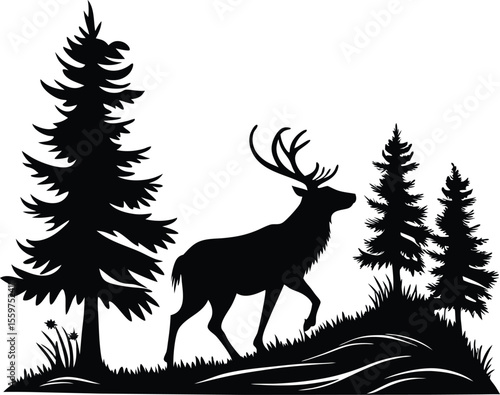 Deer Silhouette in Forest Landscape with Pine Trees
