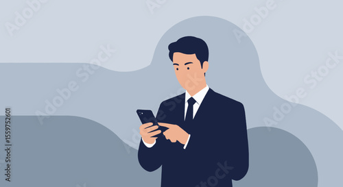 A man dressed in a suit is standing against a light blue background, focused on his smartphone. Suitable for landing page, banner, marketing, web design, presentation, infographic, etc.