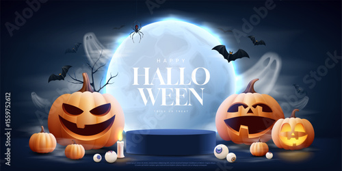 Happy Halloween holiday banner. Vector background with smiling pumpkins, flying ghosts and bats, bright moon, candle, pupils, clouds, podium. Cute Halloween card for branding, ads, social media, sale.