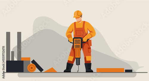 a construction worker in orange overalls and a hard hat using a jackhammer to break up concrete blocks. Suitable for landing page, banner, marketing, web design, presentation, infographic, etc.