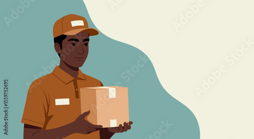 a delivery person wearing a uniform and cap, holding a cardboard box against a light blue background. Suitable for landing page, banner, marketing, web design, presentation, infographic, etc.
