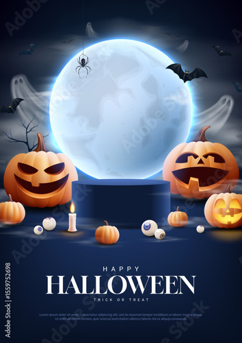 Happy Halloween holiday poster. Vector flyer with smiling pumpkins, flying ghosts and bats, bright moon, candle, pupils, clouds, podium. Cute Halloween card for branding, ads, social media, sale.
