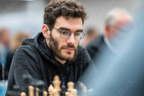 portrait of mind sport player with neutral expression positioned to left on bright minimalist background