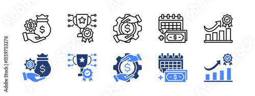 Incentive icon set with  Reward, Compensation, Pay day, Performance award. editable stroke icon set