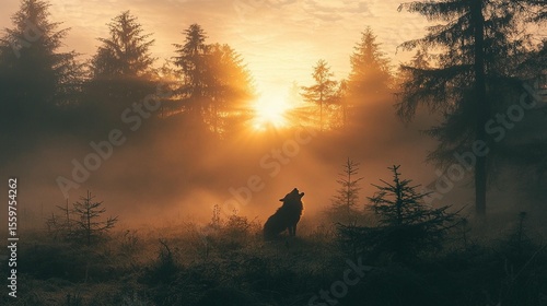 Sunrise Howl in Misty Forest