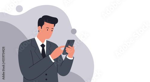 A man dressed in a suit is standing against a light gray backdrop, engrossed in his smartphone. Suitable for landing page, banner, marketing, web design, presentation, infographic, etc.