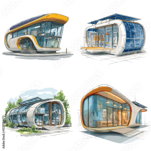 Stylized futuristic homes with curved glass facades and solar roofs, combining innovation, modern aesthetics, and environmental consciousness in a sleek architectural style.

