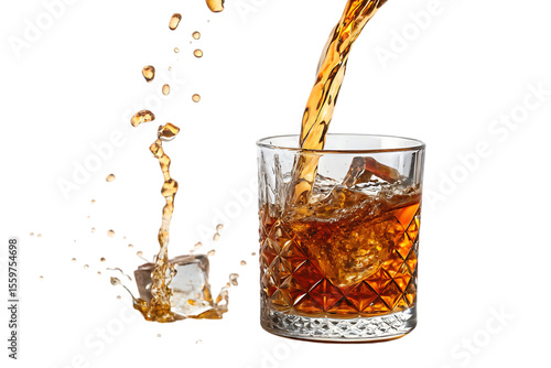 Amber liquid splashing in a crystal glass on bar PNG Image