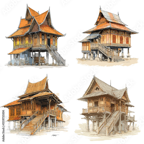 Watercolor sketches of Southeast Asian traditional wooden houses on stilts with steep roofs and intricate carvings, showcasing cultural heritage and vernacular architecture.

