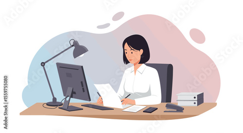 a woman seated at a desk, engrossed in work with a computer, papers, and office supplies. Suitable for landing page, banner, marketing, web design, presentation, infographic, etc.