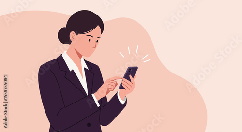 a woman in a business suit looking at her smartphone, with a burst of light emanating from the screen. Suitable for landing page, banner, marketing, web design, presentation, infographic, etc.