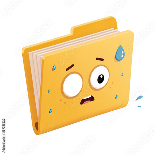 Funny 3D illustration of a yellow office folder with a panicked face and sweat drops. A playful vector icon representing stress, deadlines, and workplace anxiety in a cute style.