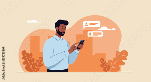 a man with a beard, dressed in a blue shirt, engrossed in his phone, which is displaying two chat bubbles. Suitable for landing page, banner, marketing, web design, presentation, infographic, etc.