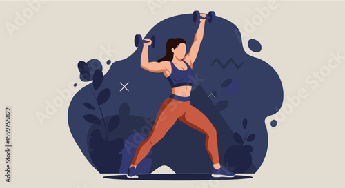 a woman in a fitness routine, lifting dumbbells with her right arm raised high above her head. Suitable for landing page, banner, marketing, web design, presentation, infographic, etc.