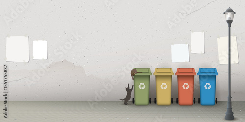 Cats playing on colorful recycle bins on the sidewalk have old concrete wall background with old blank posters stuck on it graphic illustration.