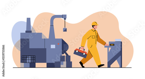 A male technician in yellow uniform carries a toolbox while walking towards an industrial machine for maintenance or repair in a factory setting.