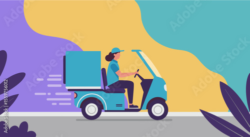 A delivery woman drives a three-wheeled electric vehicle, quickly delivering a package against a colorful abstract background with stylized plants.