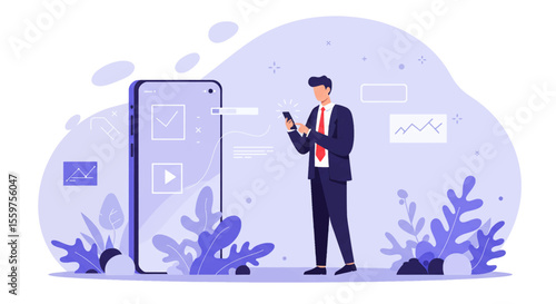 a man in a suit standing next to a phone