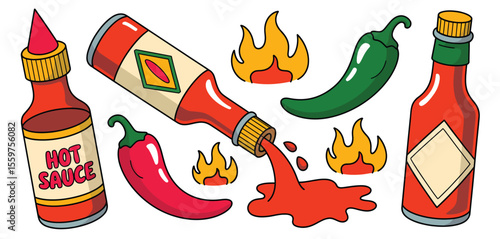 Hot Sauce Bottles and Peppers Cartoon Illustration