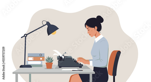 A woman is seated at a desk, typing on a typewriter with a lamp illuminating her workspace. Suitable for landing page, banner, marketing, web design, presentation, infographic, etc.