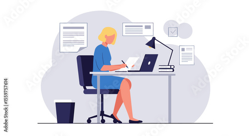 A stylish businesswoman is working on her laptop and taking notes at her desk in a modern office, surrounded by documents and a lamp, creating a productive and professional atmosphere.
