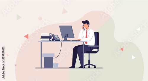 Schilderij op canvas a man in a white shirt and tie seated at a desk, engaged in a phone conversation while working on a computer
