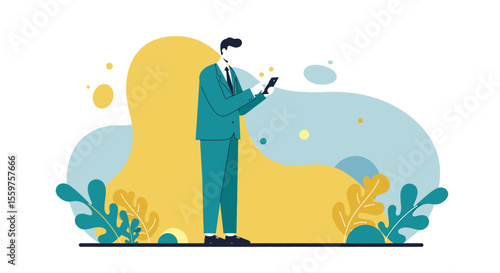 a man dressed in a suit standing outdoors, engrossed in his phone. Suitable for landing page, banner, marketing, web design, presentation, infographic, etc.