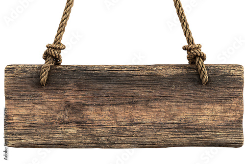 Rustic wooden plank sign hanging by thick rope with knots isolated on transparent background