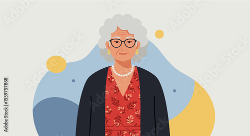 an elderly woman with white hair and glasses, wearing a red floral dress and a black blazer. Suitable for landing page, banner, marketing, web design, presentation, infographic, etc.