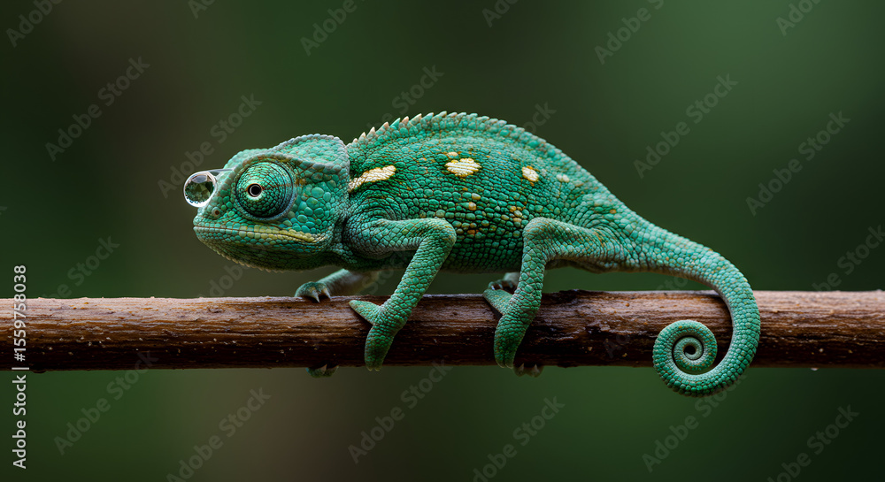 Fototapeta premium Green Chameleon with Droplet