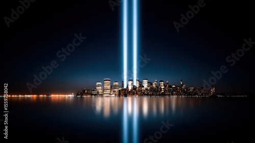 Stunning New York City skyline illuminated with twin beams of light during a night view. Patriot Day
