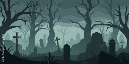 Spooky Halloween night landscape with a scary tree, bats, and a haunted house silhouette under a dark, moonlit sky