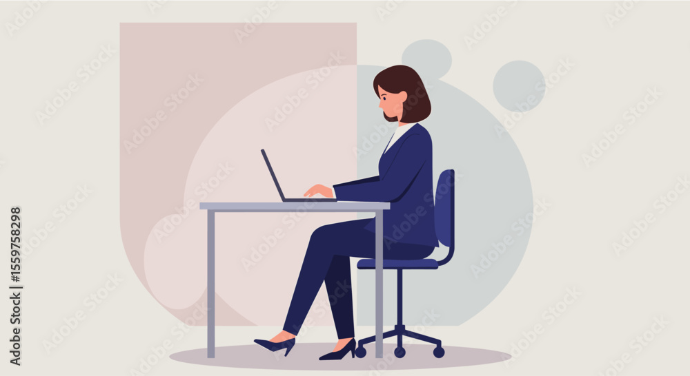A woman in a business suit is sitting at a desk, focused on her laptop, with a light background. Suitable for landing page, banner, marketing, web design, presentation, infographic, etc. A woman in a business suit is sitting at a desk, focused on her laptop, with a light background. Suitable for landing page, banner, marketing, web design, presentation, infographic, etc.
