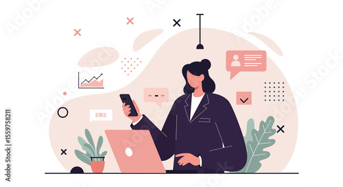 a woman sitting at a desk with a laptop and a phone