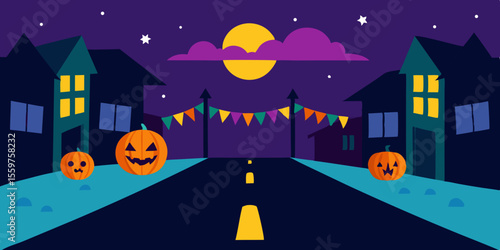Spooky Halloween night background with haunted house, pumpkins, and bats under a dark, moonlit autumn sky illustration