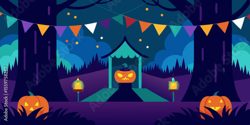 Spooky Halloween night with a haunted house, full moon, and scary pumpkin silhouettes under dark autumn trees, perfect for a ghostly celebration