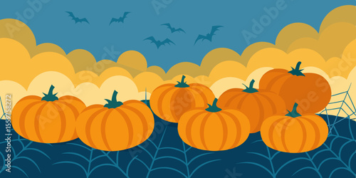 Orange Halloween pumpkin vector illustration with autumn leaves