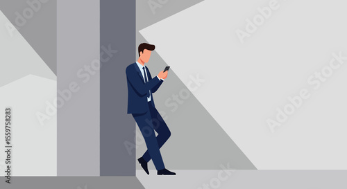 A man dressed in a suit is standing against a gray backdrop, engrossed in his phone. Suitable for landing page, banner, marketing, web design, presentation, infographic, etc.