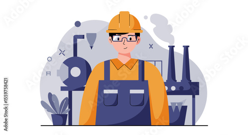 Friendly cartoon engineer in coveralls and hardhat smiles at the camera in his industrial workshop, surrounded by machinery and equipment.