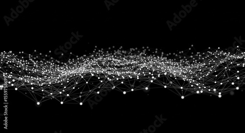 Abstract network of connected white dots and lines on a black background with a wavy pattern